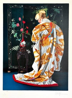 Japanese Kimono Signed Lithograph, Photorealist, 1990, Gold Cranes