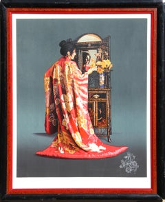 „Red Kimono“, gerahmte und signierte fotorealistische Lithografie von Douglas Hofmann