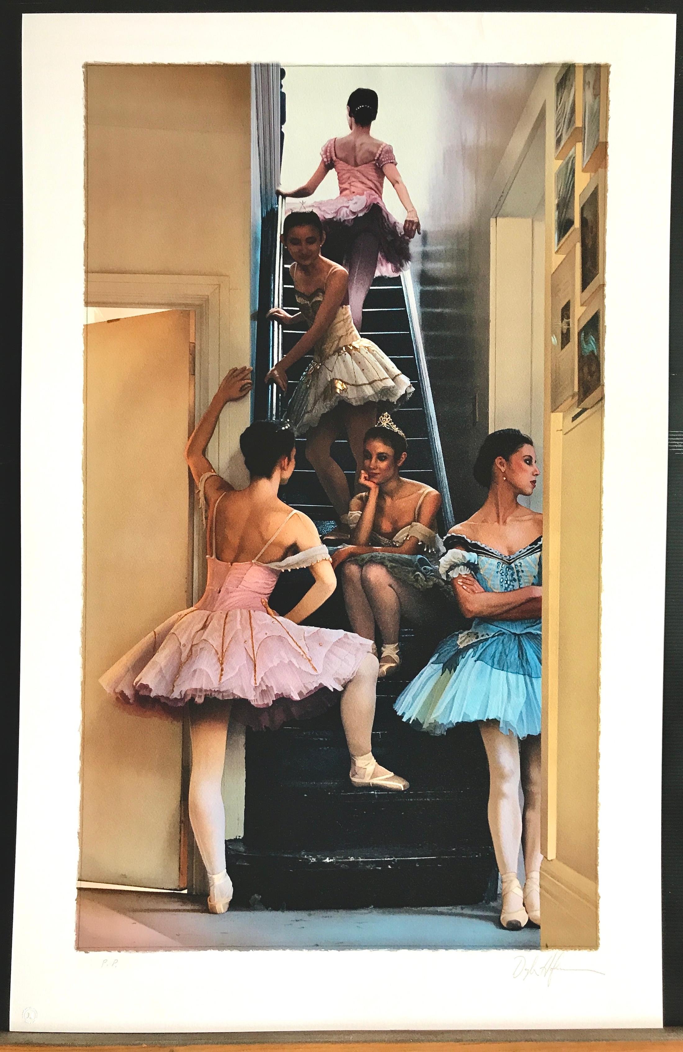 WAITING IN THE WINGS Signed Lithograph, Ballerinas in Stairwell, Pink Blue Tutus For Sale 5