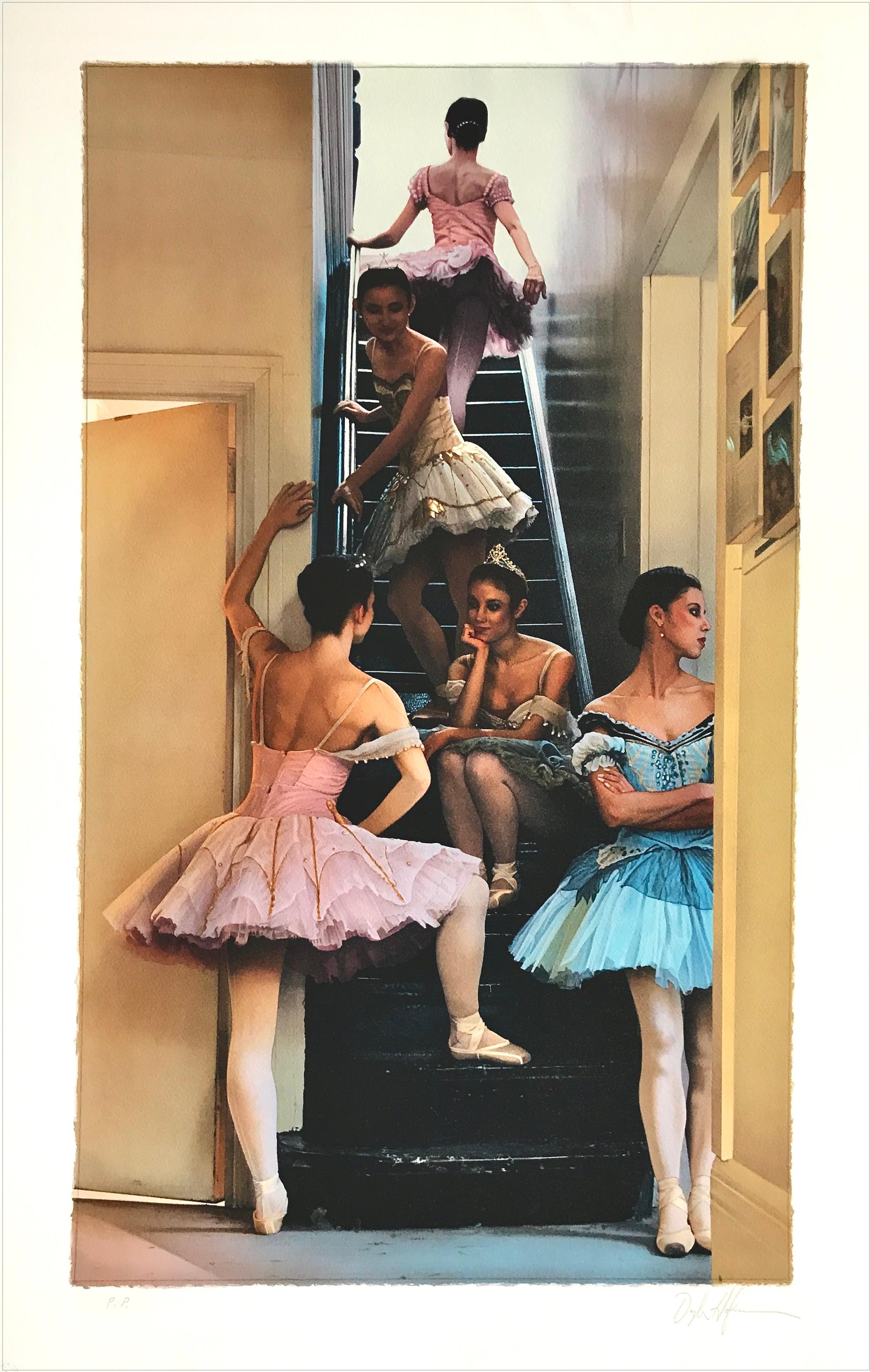 Douglas Hofmann Figurative Print - WAITING IN THE WINGS Signed Lithograph, Ballerinas in Stairwell, Pink Blue Tutus