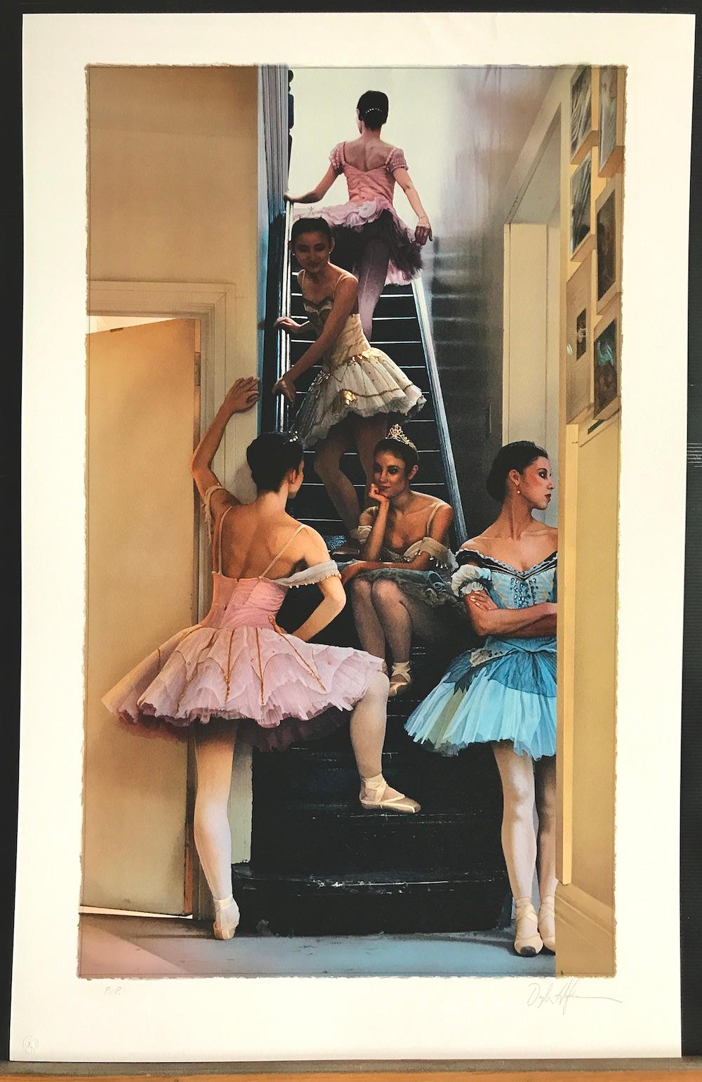 WAITING IN THE WINGS Signed Lithograph, Ballet Dancers on Stairs Pink Blue Tutus - Photorealist Print by Douglas Hofmann