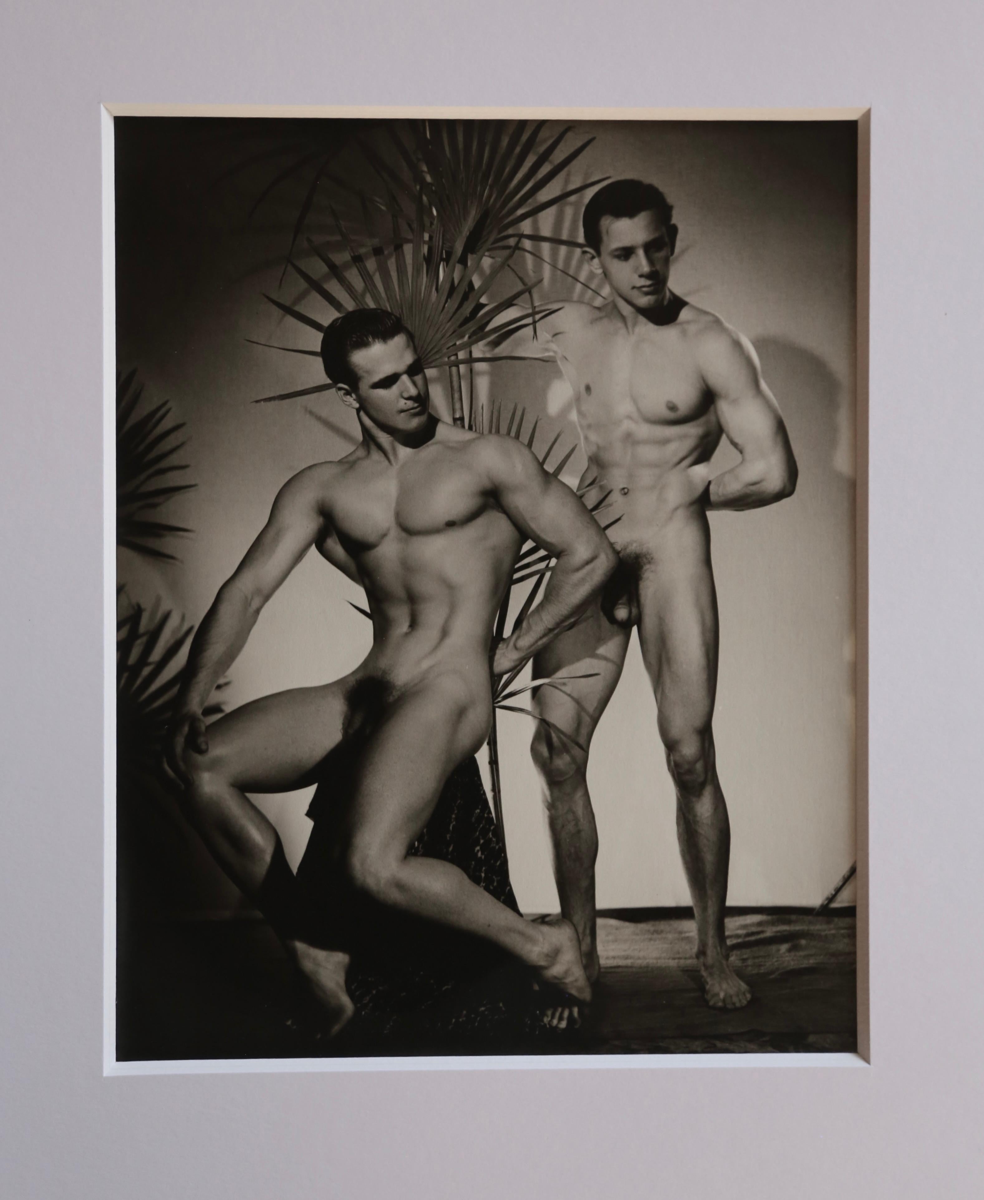 COLD WINTER SUPER SPECIAL...$960... Framed.
Rare 1950s Iconic Original Vintage Gelatin Silver Photograph by DOUGLAS JULEFF - also known as DOUG OF DETROIT - of popular physique models VIC SEIPKE and JIM PARK.  Fireman Vic Seipke was Mr. Michigan in