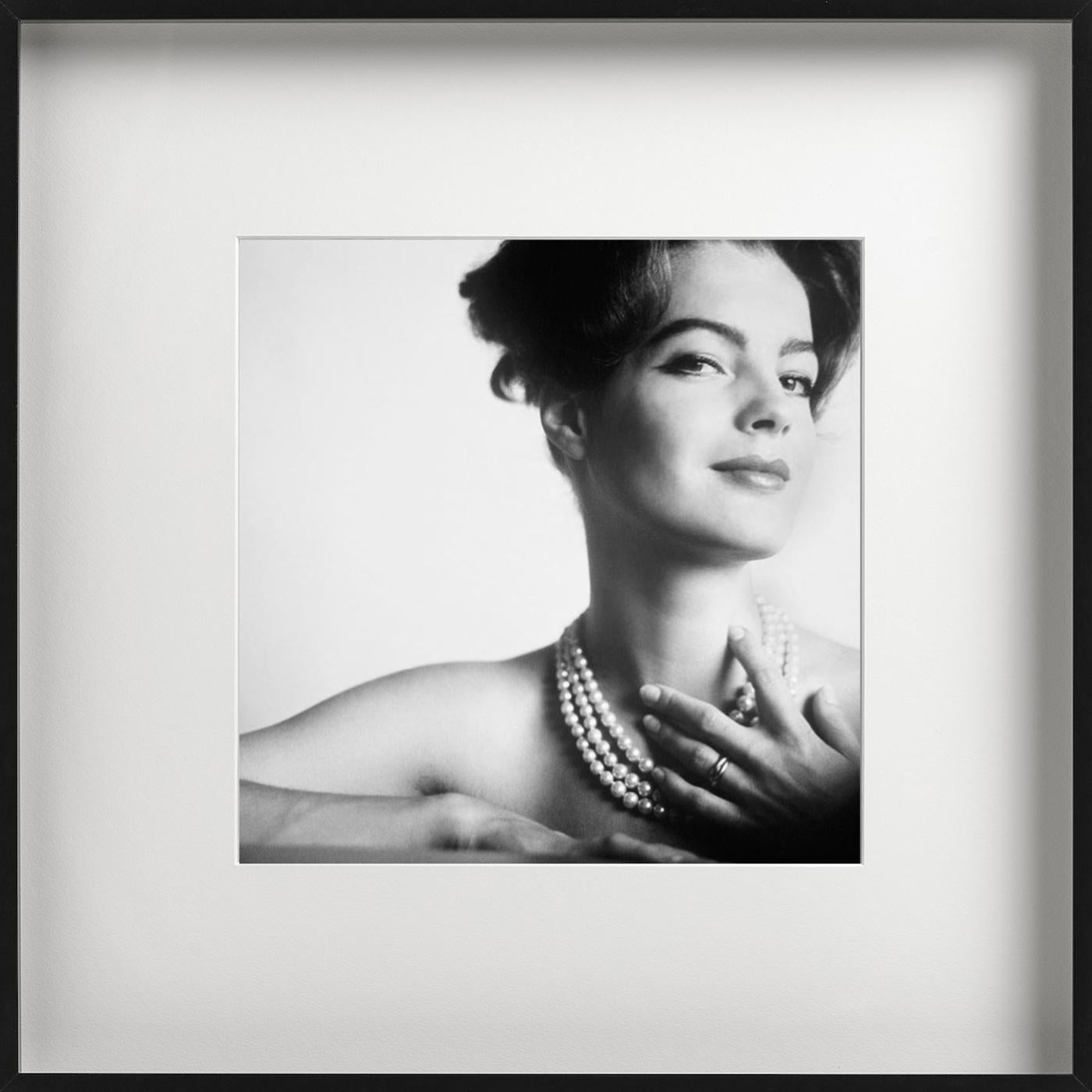 Portrait of romy schneider, almost naked only with a pearl necklace touching her For Sale 1