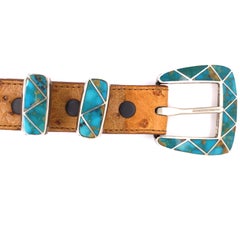 Douglas Magnus Heartline Turquoise Inlay Sterling Silver Buckle Leather Belt