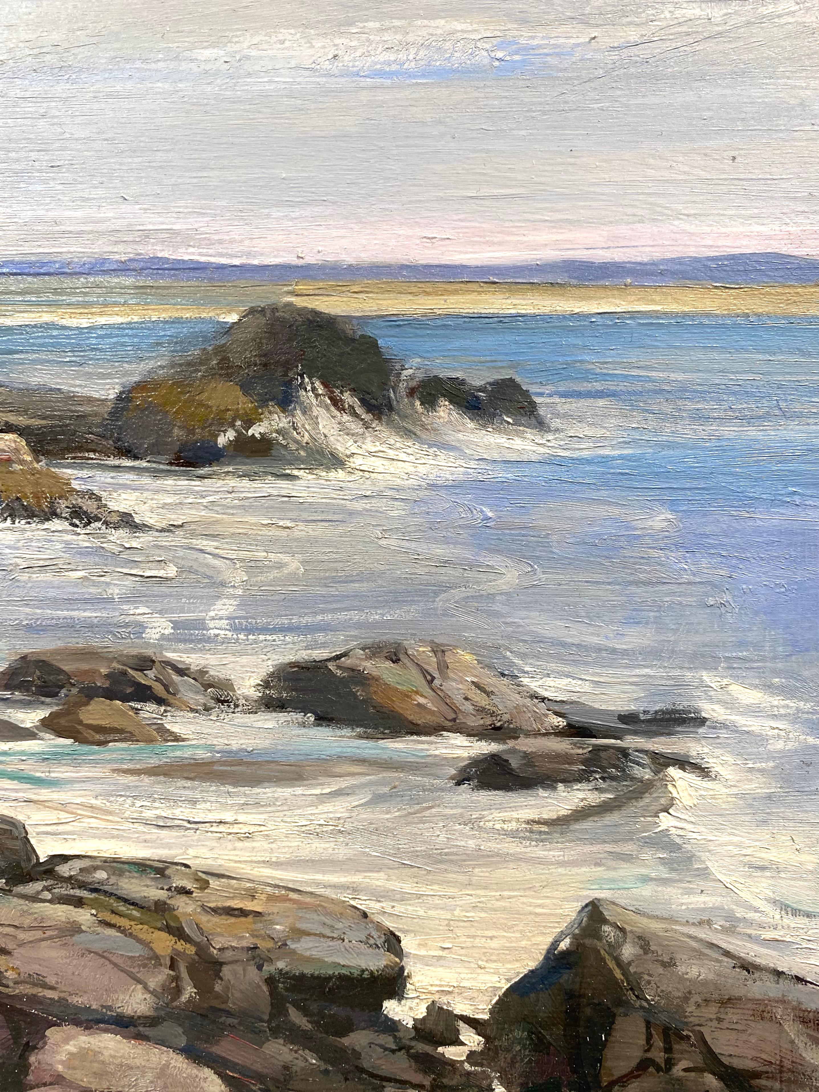 Rocks On The Shore - Gray Landscape Painting by Douglas Martenson