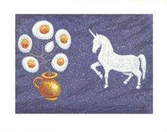 1983 Douglas Mazonowicz 'Unicorn' Modernism Black & White, Gold, Blue USA Serigrap