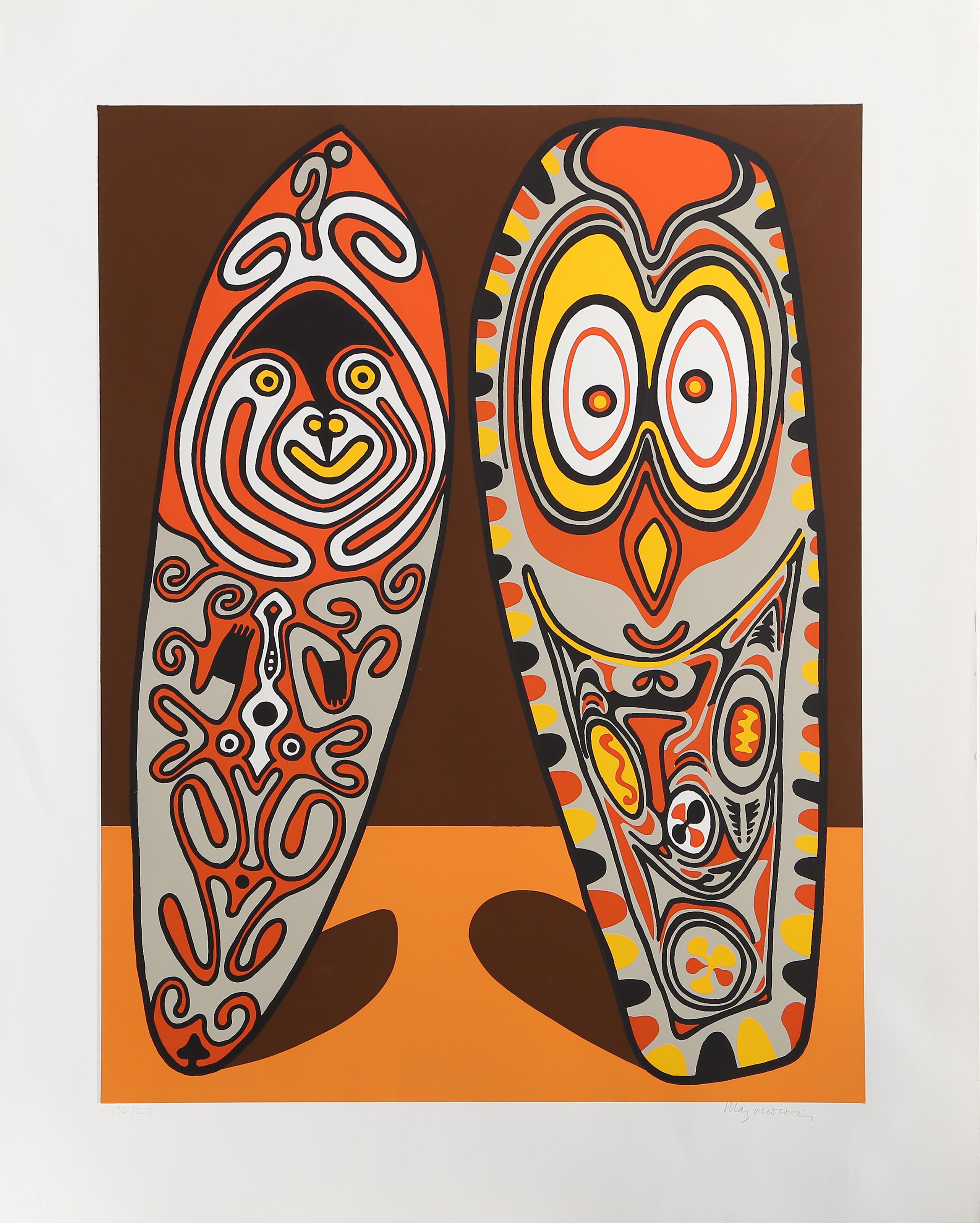 Friendly Totems, Folk Art Screenprint by Douglas Mazonowics - Print by Douglas Mazonowicz