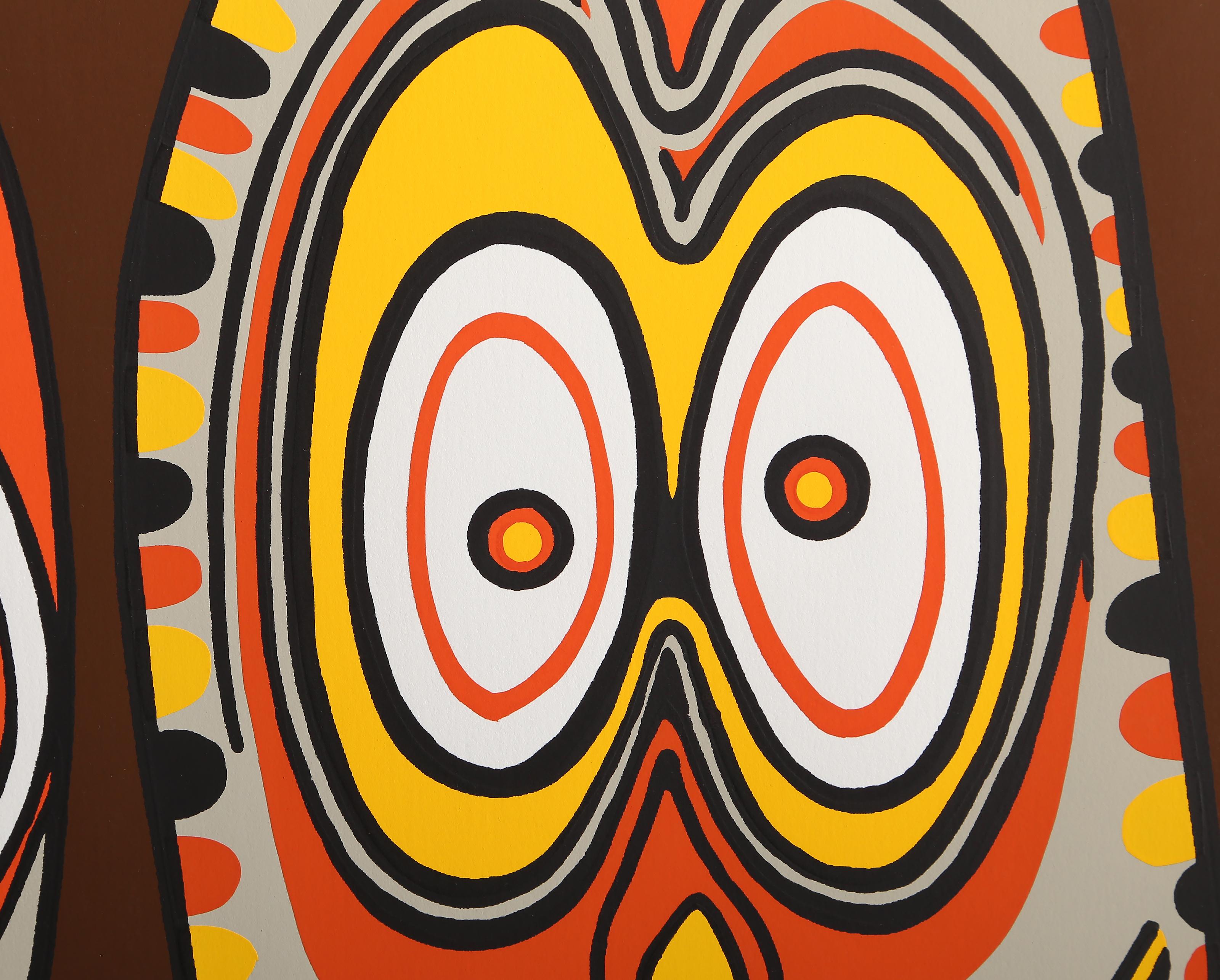 Friendly Totems, Folk Art Screenprint by Douglas Mazonowics - Beige Print by Douglas Mazonowicz