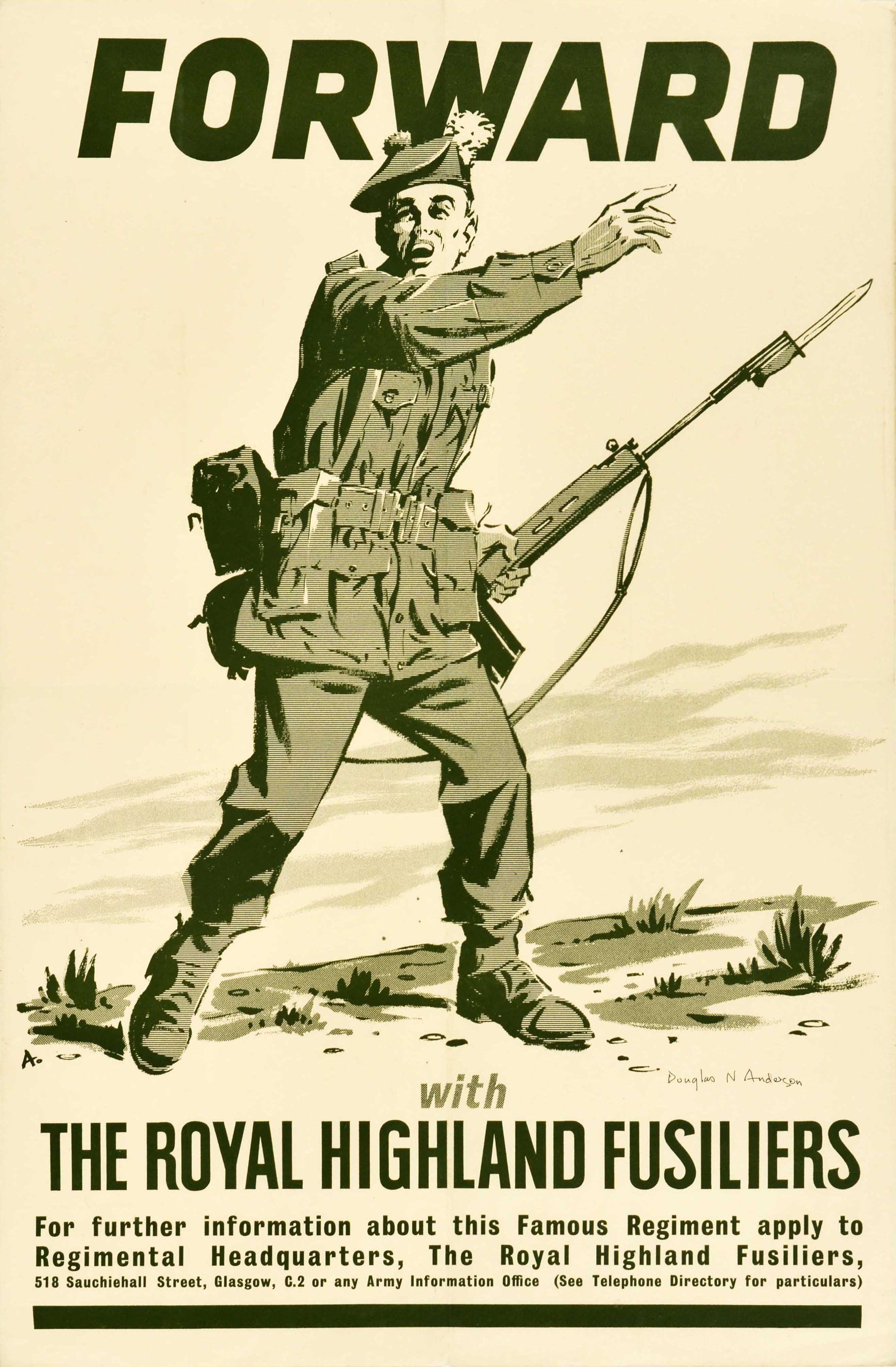 Print di Douglas N Anderson - Poster militare originale d'epoca in avanti del Reggimento Royal Highland Fusiliers