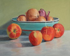 Apples, Onions, Blue Bowl, realism, colorful contemporary still life