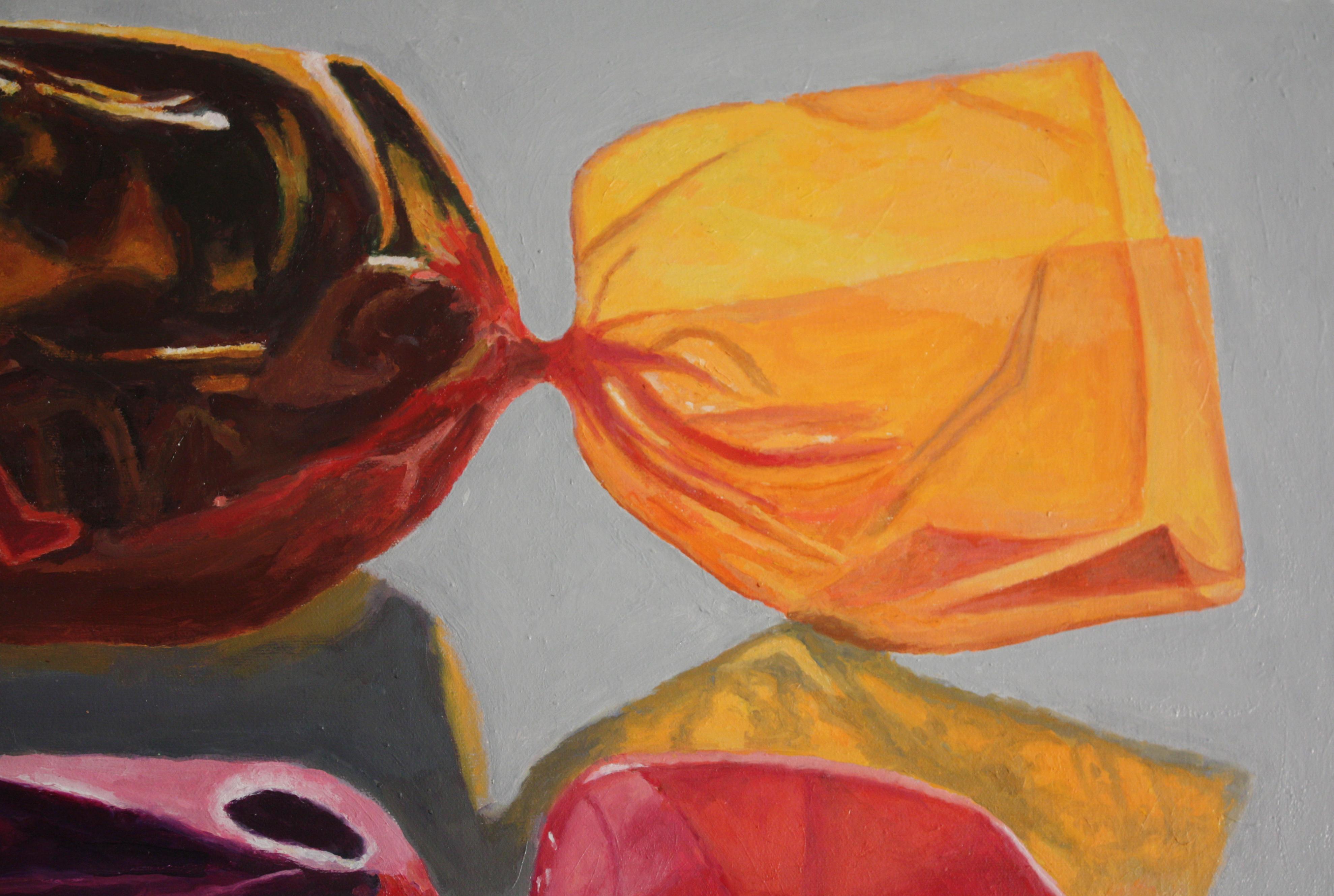 Backlit Candies, colorful super realistic oil painting of wrapped candy - Painting by Douglas Newton