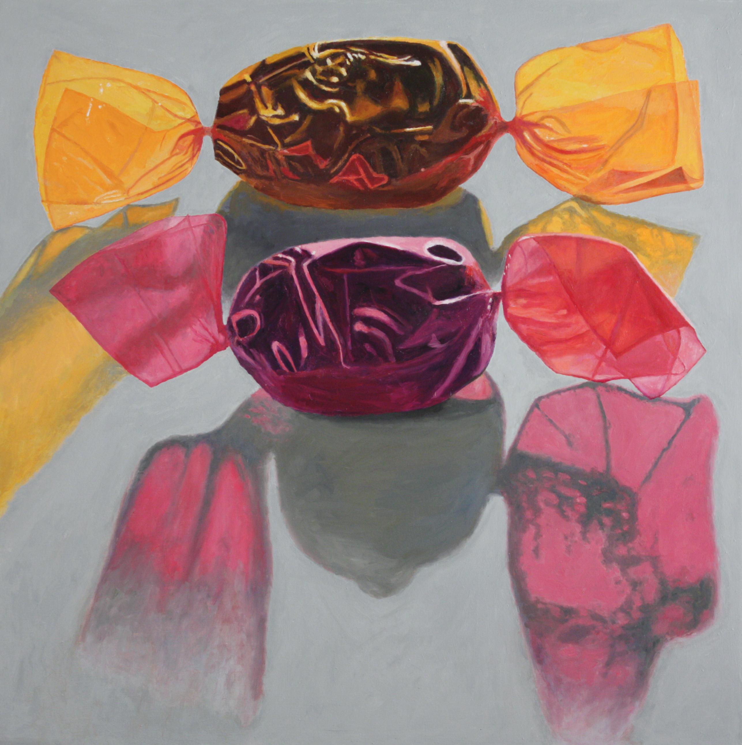 Douglas Newton Still-Life Painting - Backlit Candies, colorful super realistic oil painting of wrapped candy