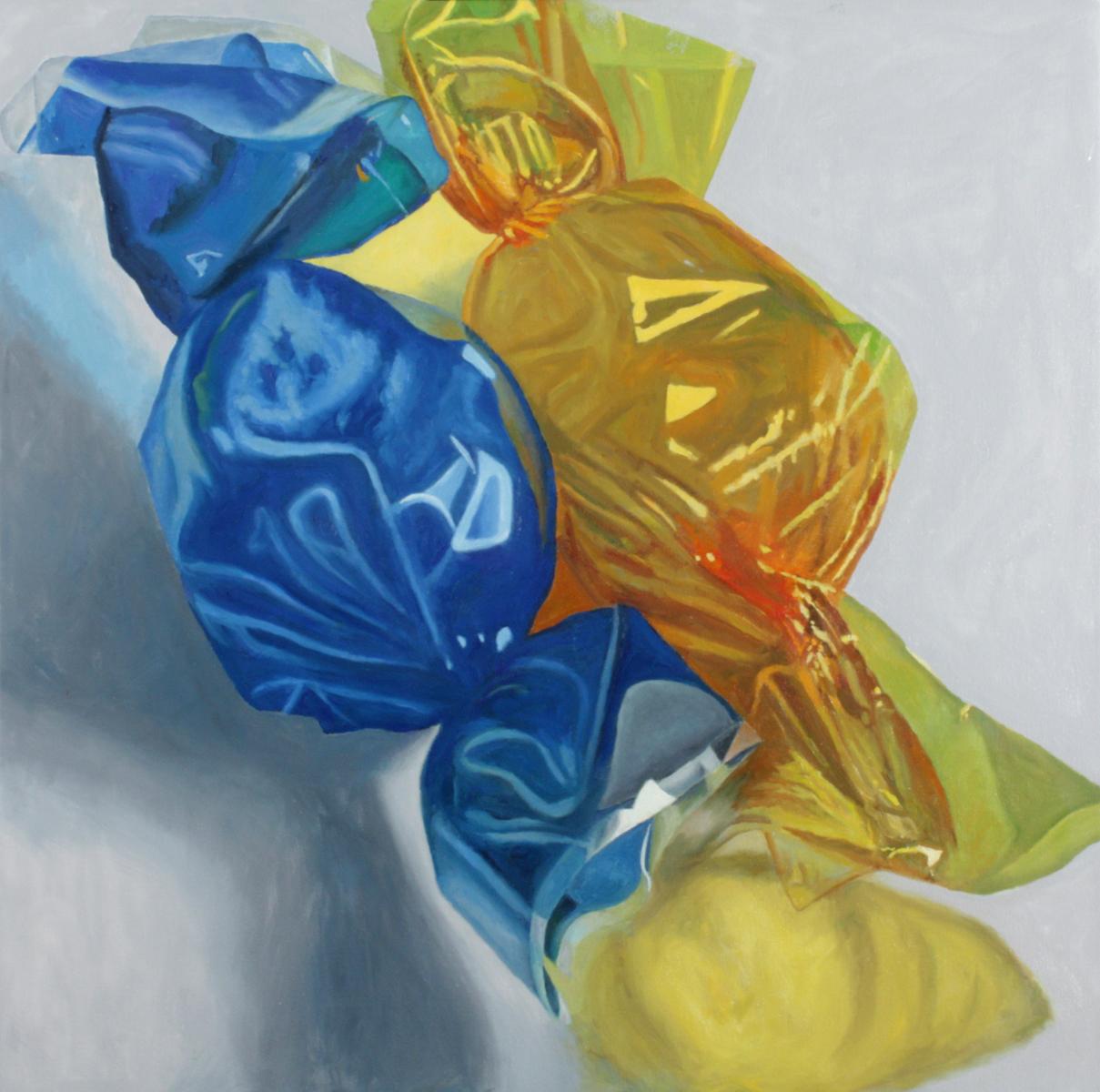 Douglas Newton Still-Life Painting - Blue into Gold, colorful food, candy super realistic reflections 