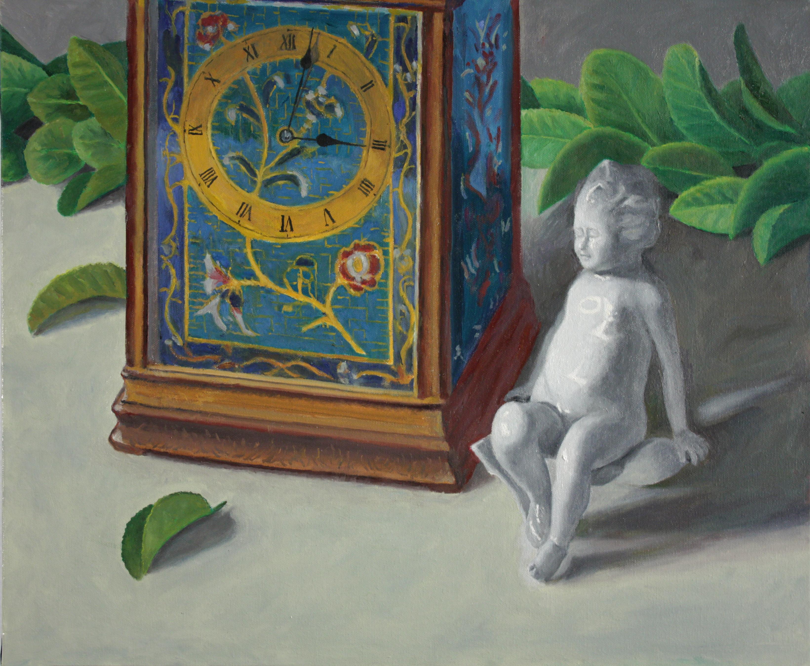 Douglas Newton Still-Life Painting - Cherub and Clock, realistic contemporary still life, grey background time theme 