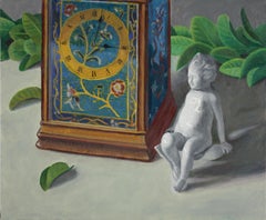 Cherub and Clock, realistic contemporary still life, grey background time theme 