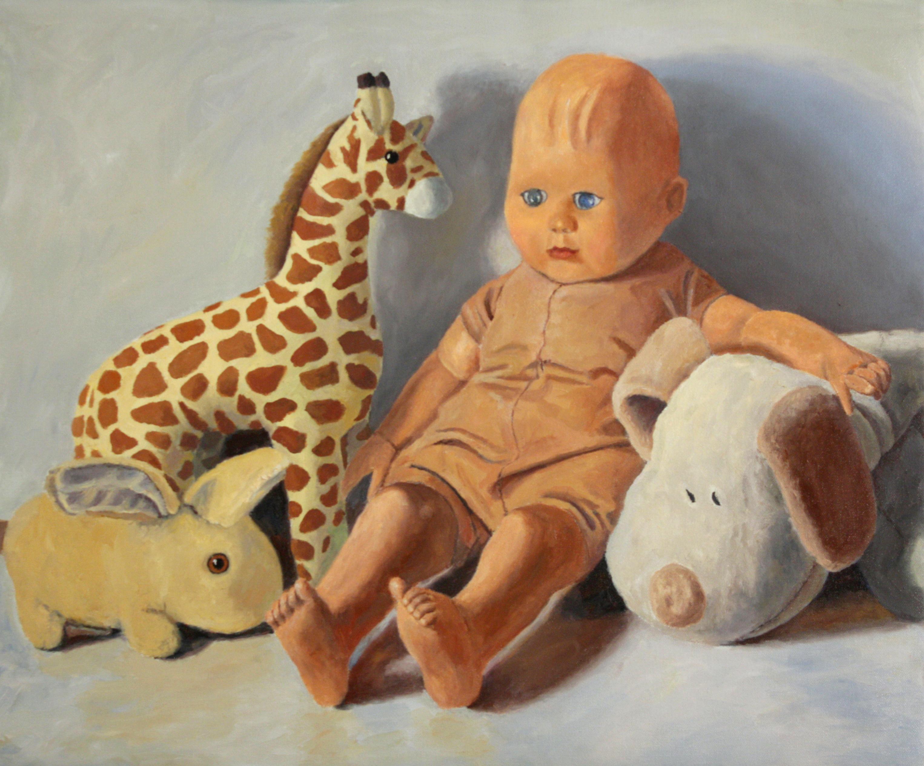 Douglas Newton Still-Life Painting - Doll with Pals, childhood toys, realistic oil painting