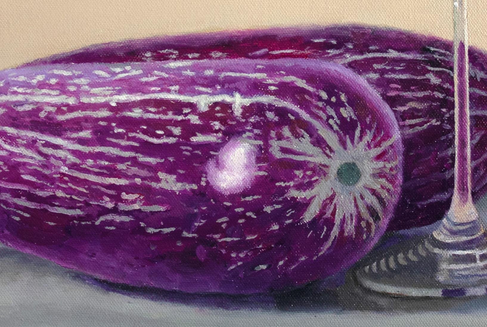 Eggplant and Glass : oil on canvas painting - Painting by Douglas Newton