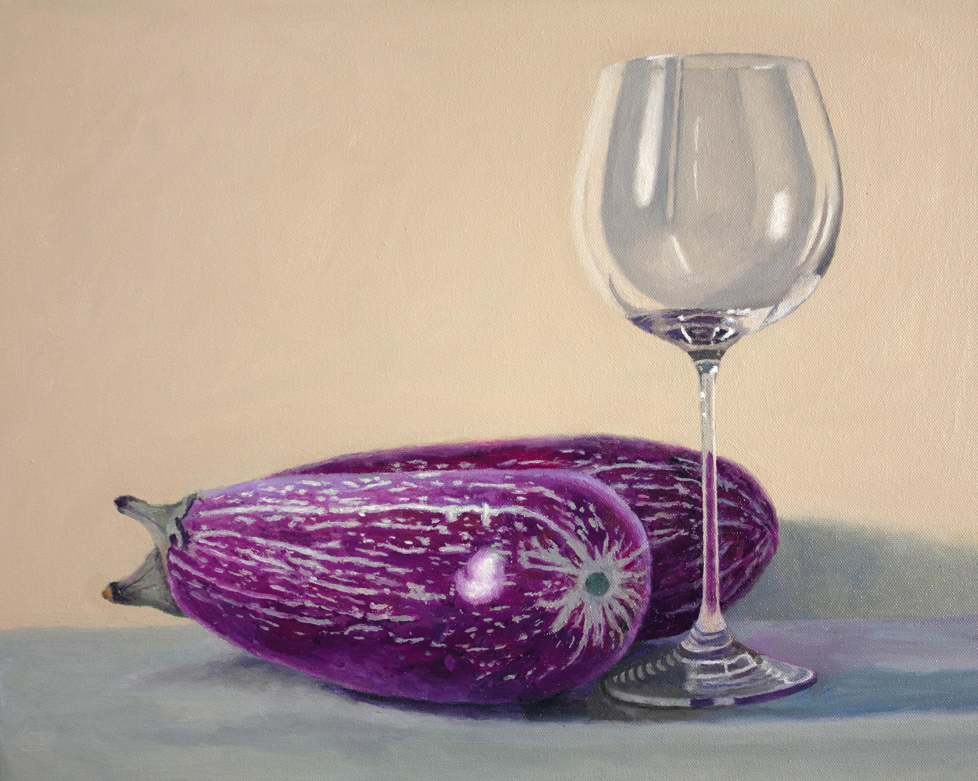 Douglas Newton Still-Life Painting - Eggplant and Glass : oil on canvas painting