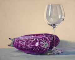 Aubergine et verre : peinture à l'huile sur toile