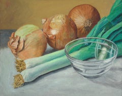 Leeks and Onions, realistic, food imagery and glass, green and earth tones