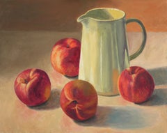 Nectarines and Pitcher, classic still life w/ warm green and earth tones