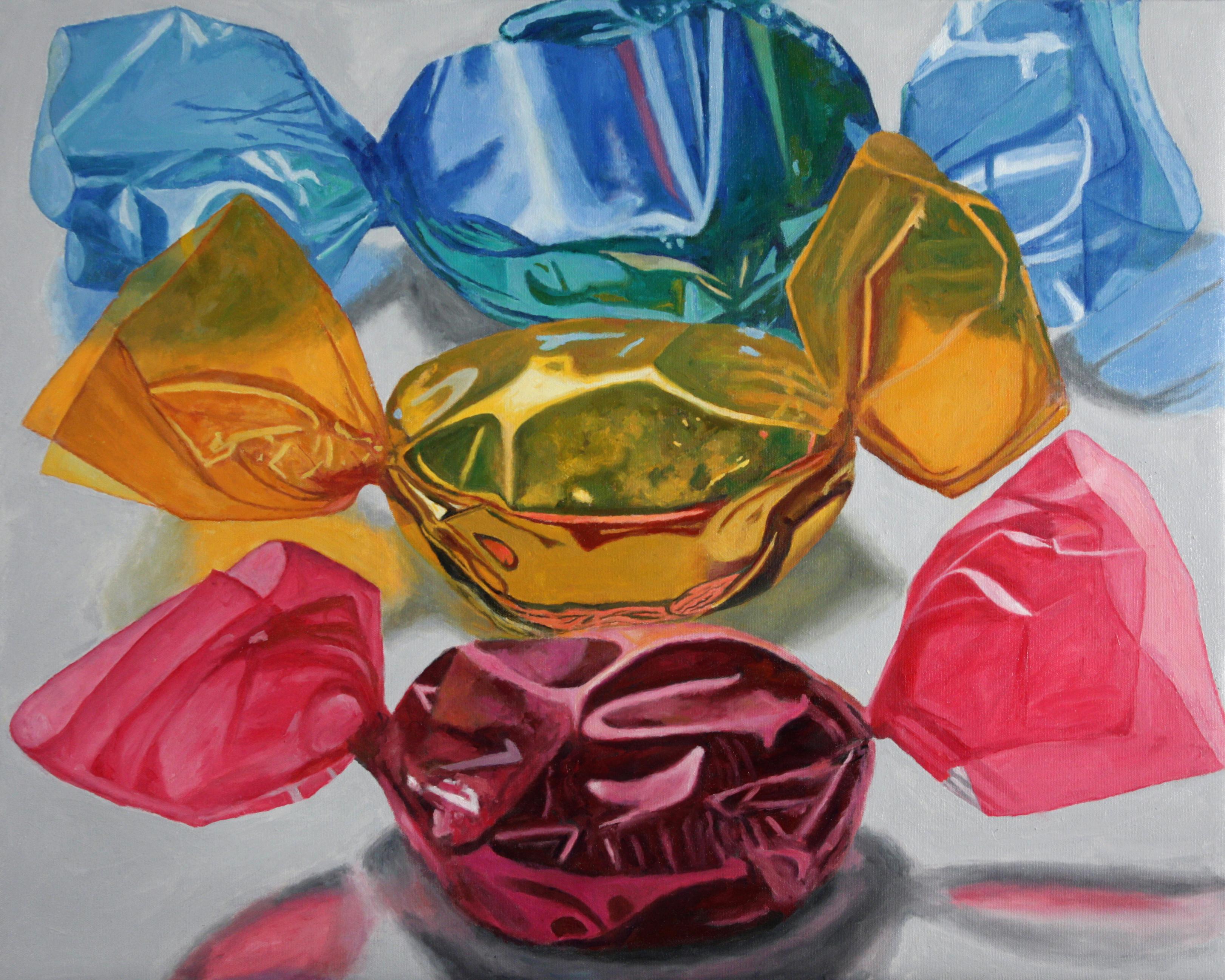 Douglas Newton Still-Life Painting – Eins für drei, farbenfrohes, super echtes, süßes Ölgemälde mit Bonbonmotiven