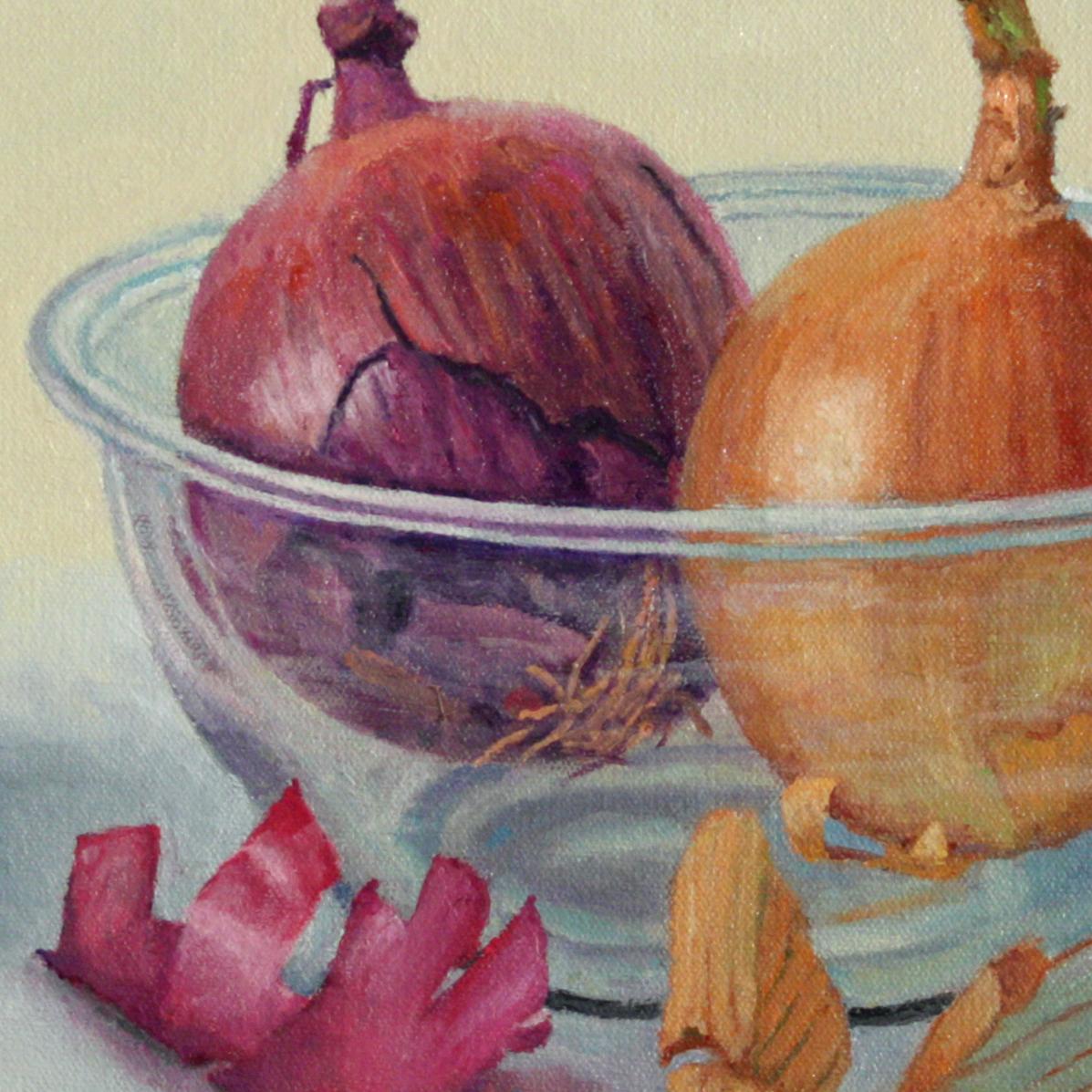 Bol en oignons et verre, peinture à l'huile super réaliste - nature morte - aliments - Painting de Douglas Newton