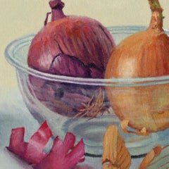 Onions and Glass Bowl, super realistic oil painting food still life