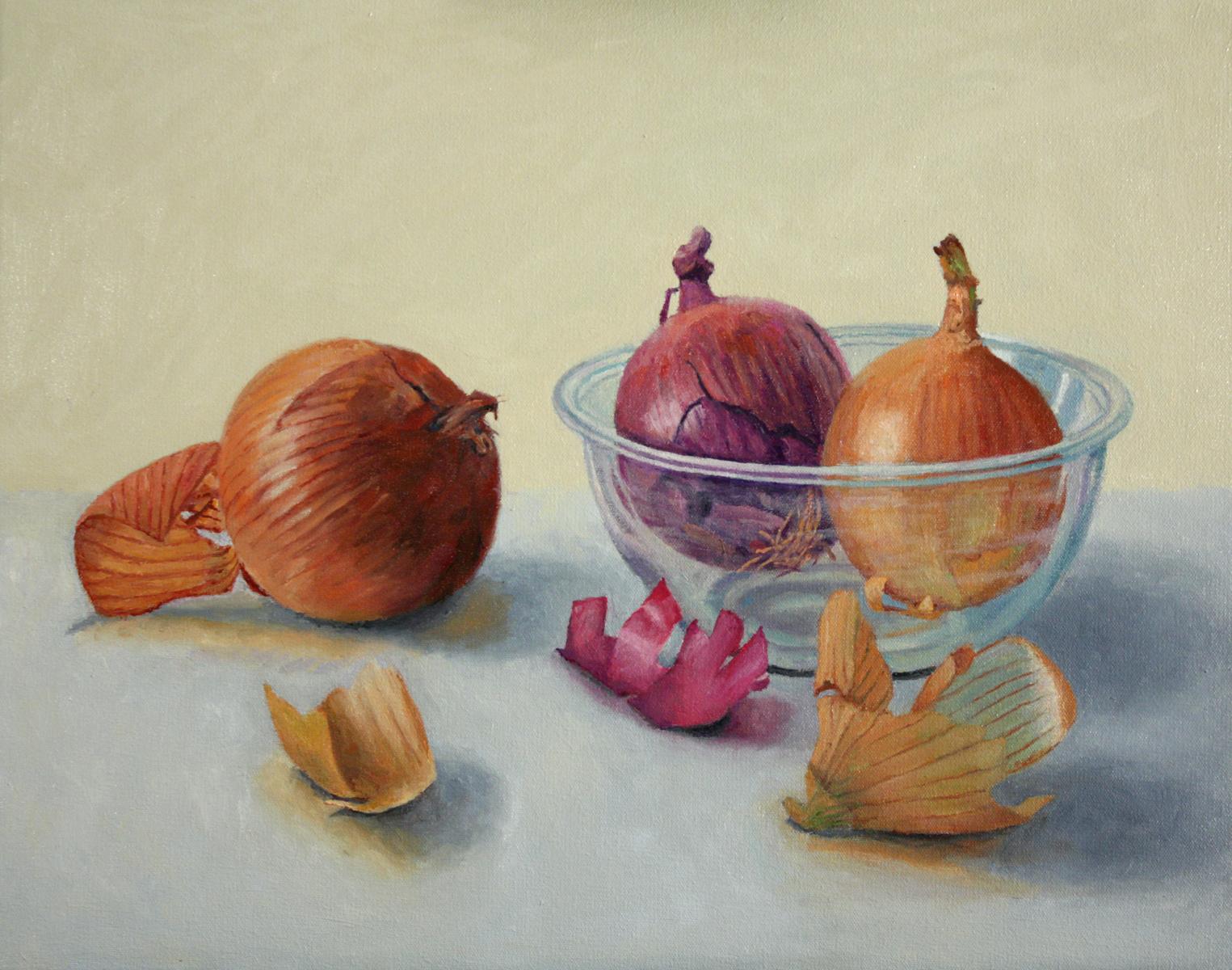 Still-Life Painting Douglas Newton - Bol en oignons et verre, peinture à l'huile super réaliste - nature morte - aliments