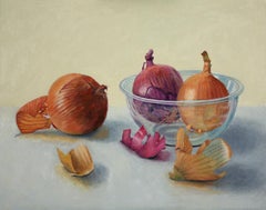 Onions and Glass Bowl, super realistic oil painting food still life