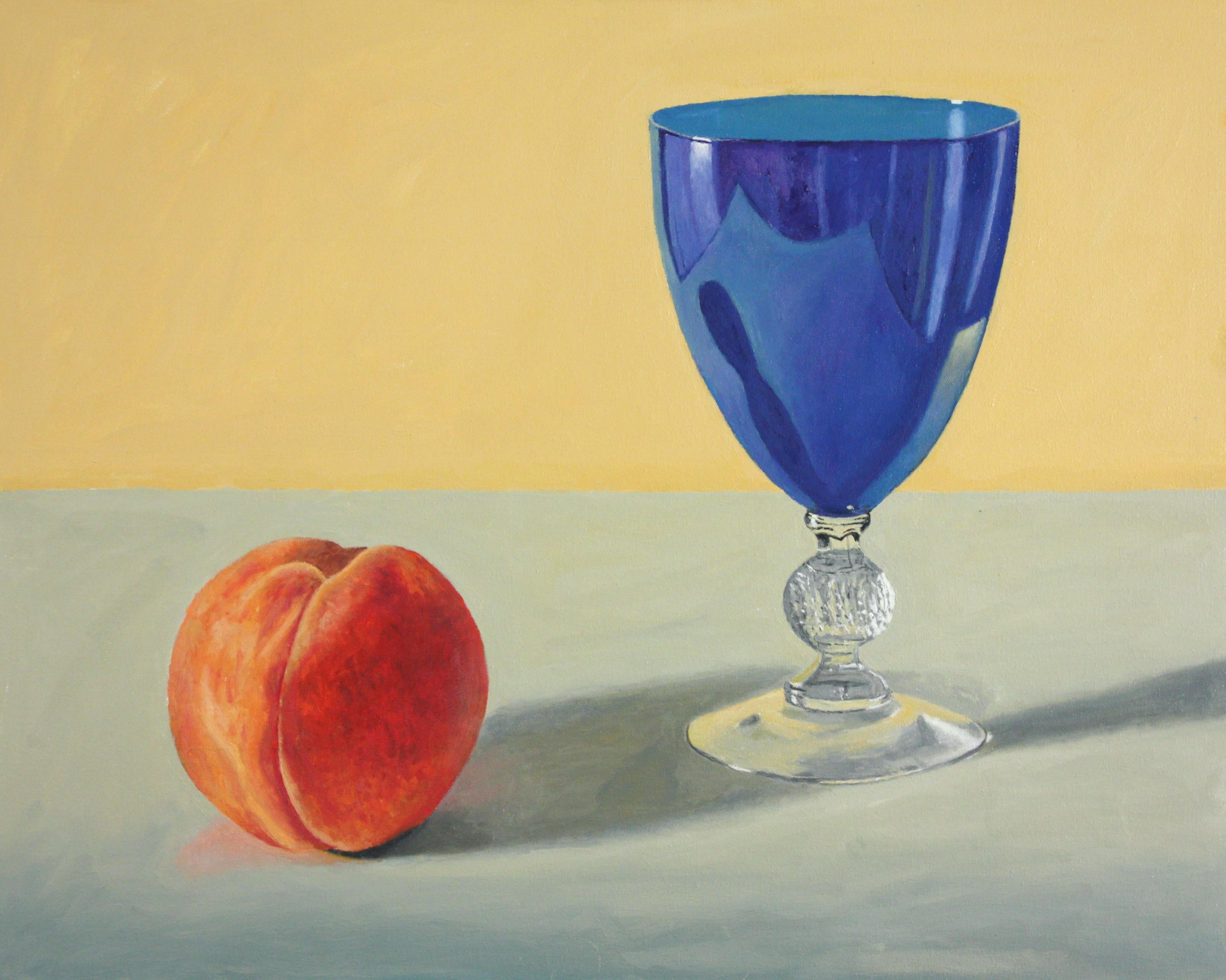 Pfirsich und blaues Glas, buntes super realistisches Stillleben