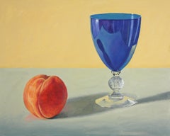 Pfirsich und blaues Glas, buntes super realistisches Stillleben