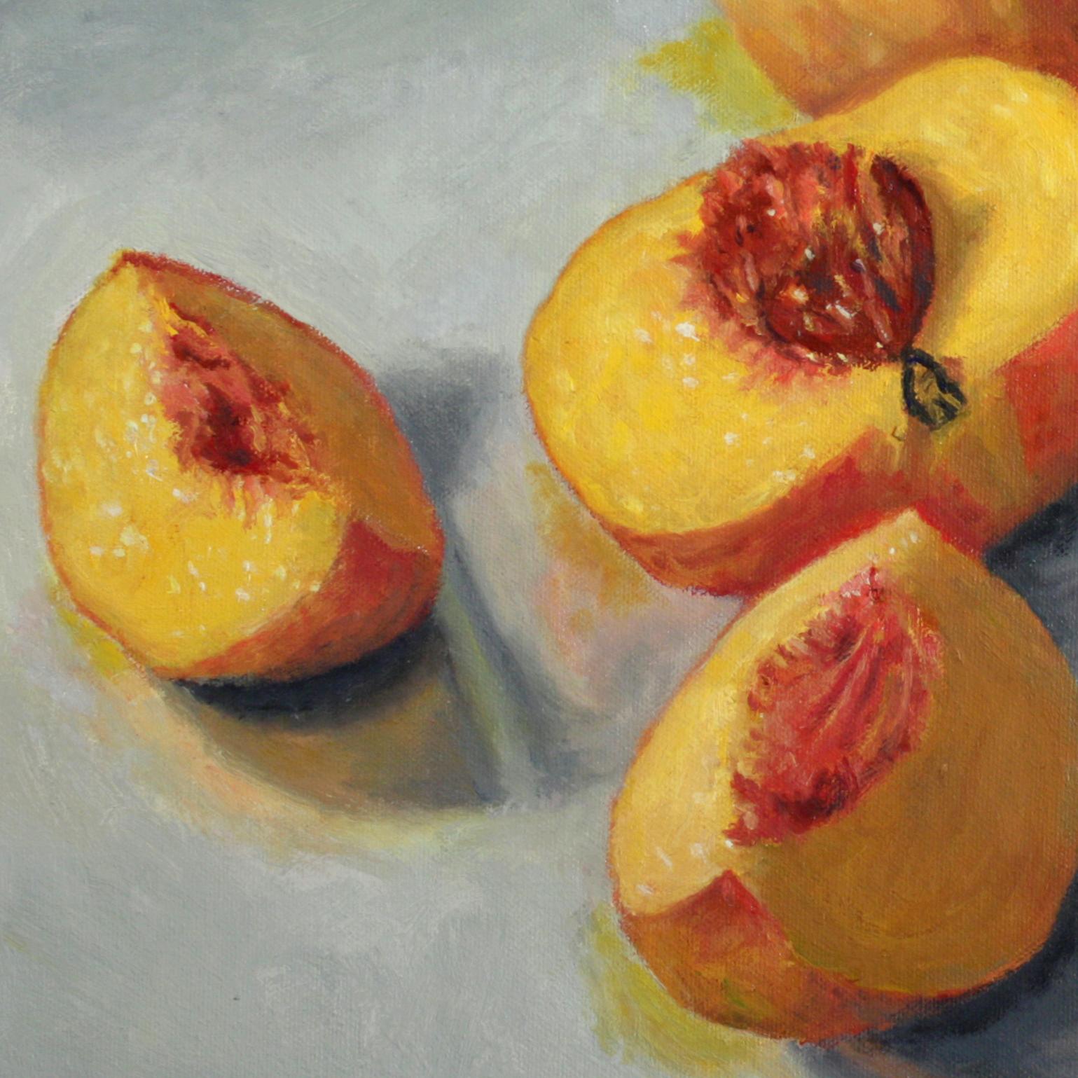 Peaches, photo realism still life, orange and grey tones - Painting by Douglas Newton