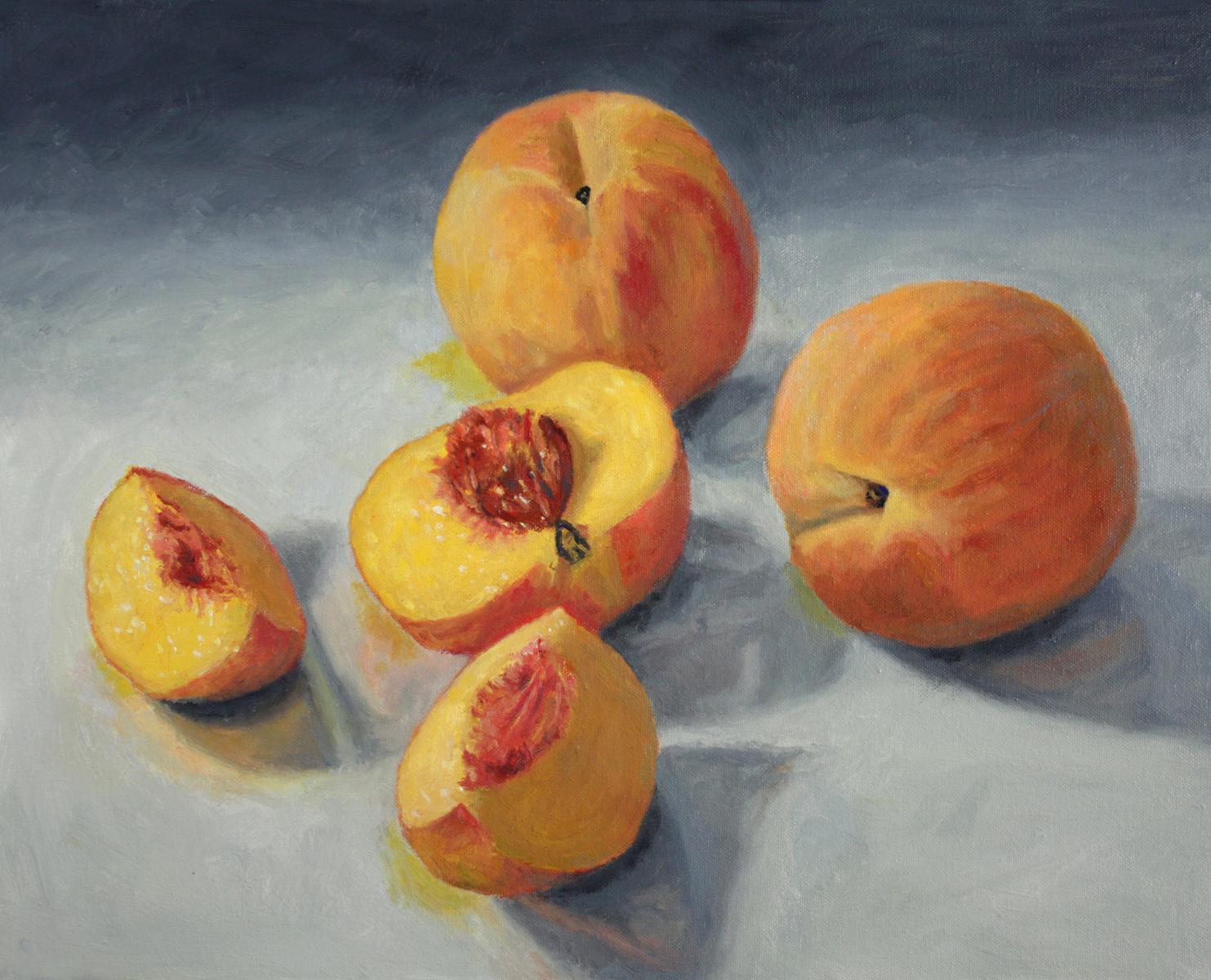 Douglas Newton Still-Life Painting - Peaches, photo realism still life, orange and grey tones