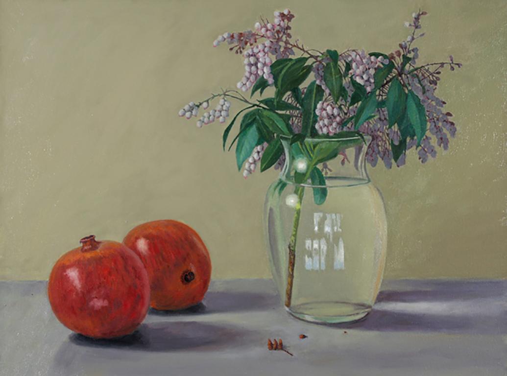 Douglas Newton Still-Life Painting - Pomegranates, classic still life with glass neutral background tones, red fruit
