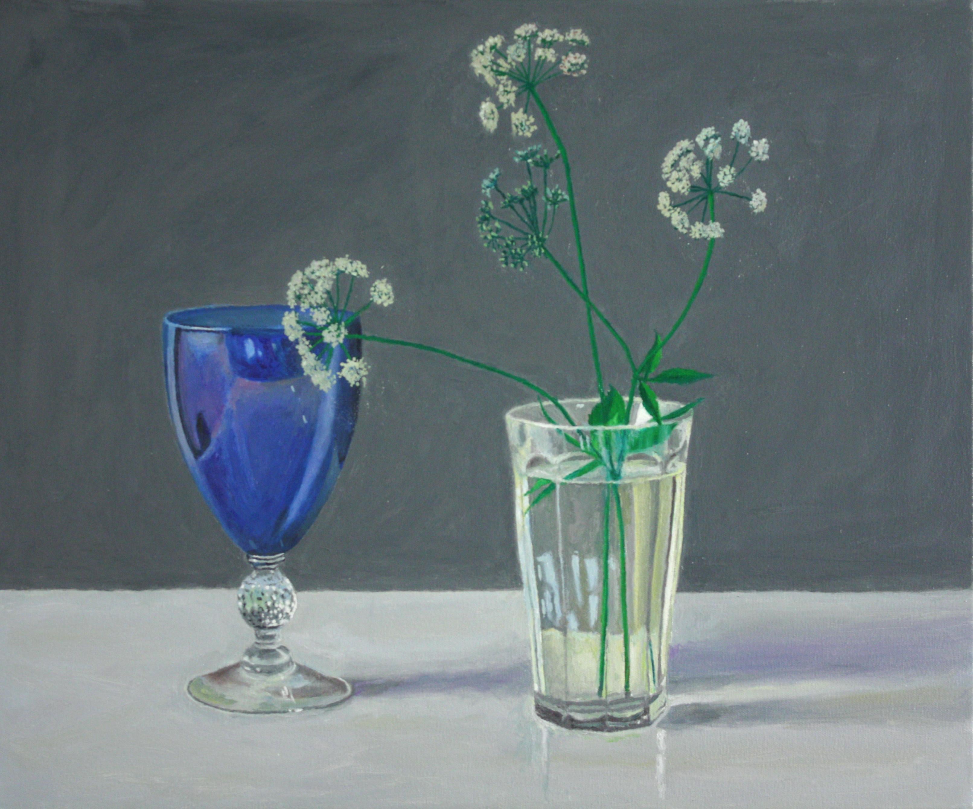 Douglas Newton Still-Life Painting - Queen Anne's Lace, grey and blue flower and glass super real still life