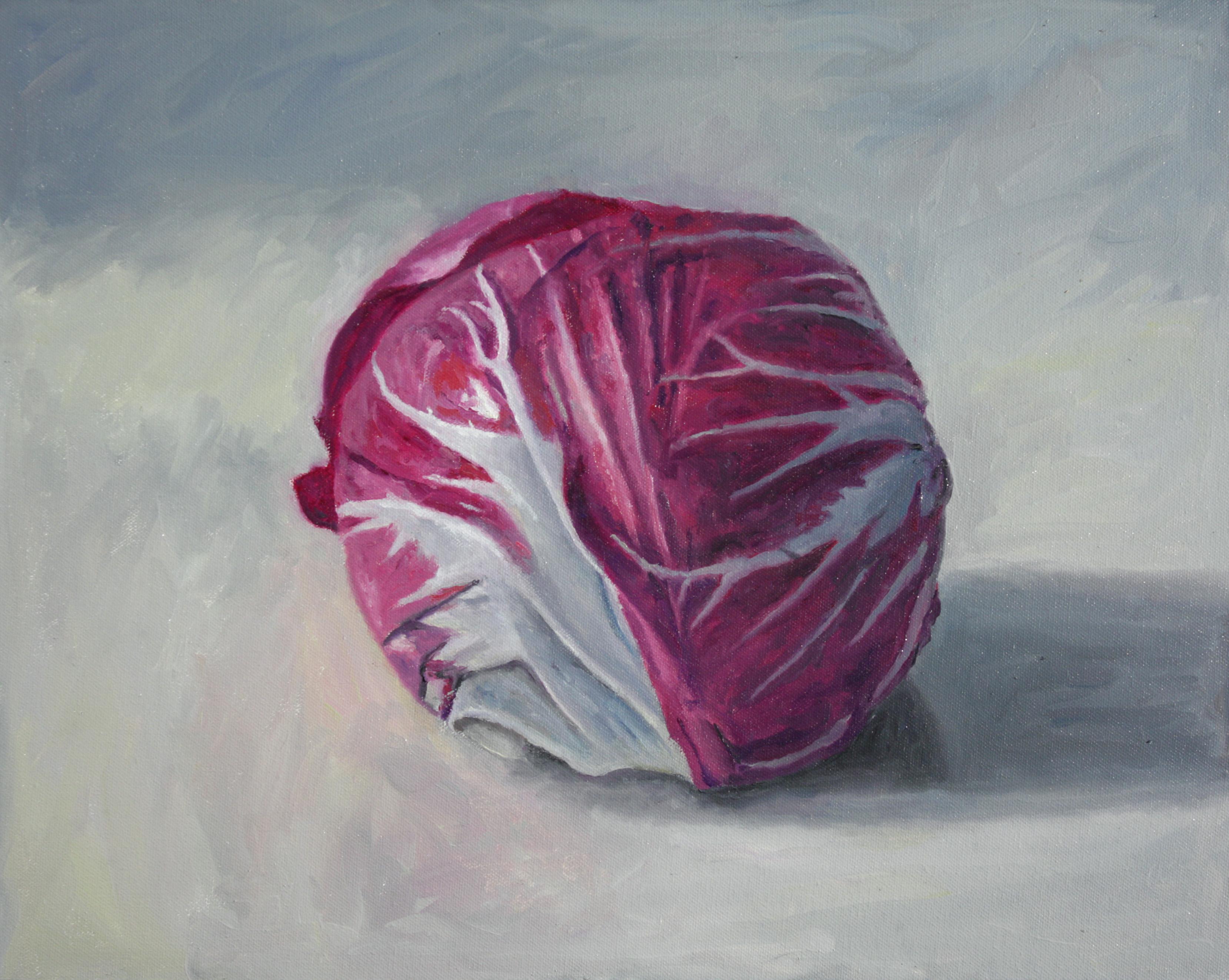 Douglas Newton Still-Life Painting – Radicchio, Stillleben mit Lebensmitteln, lila auf grau, superrealistische Malerei