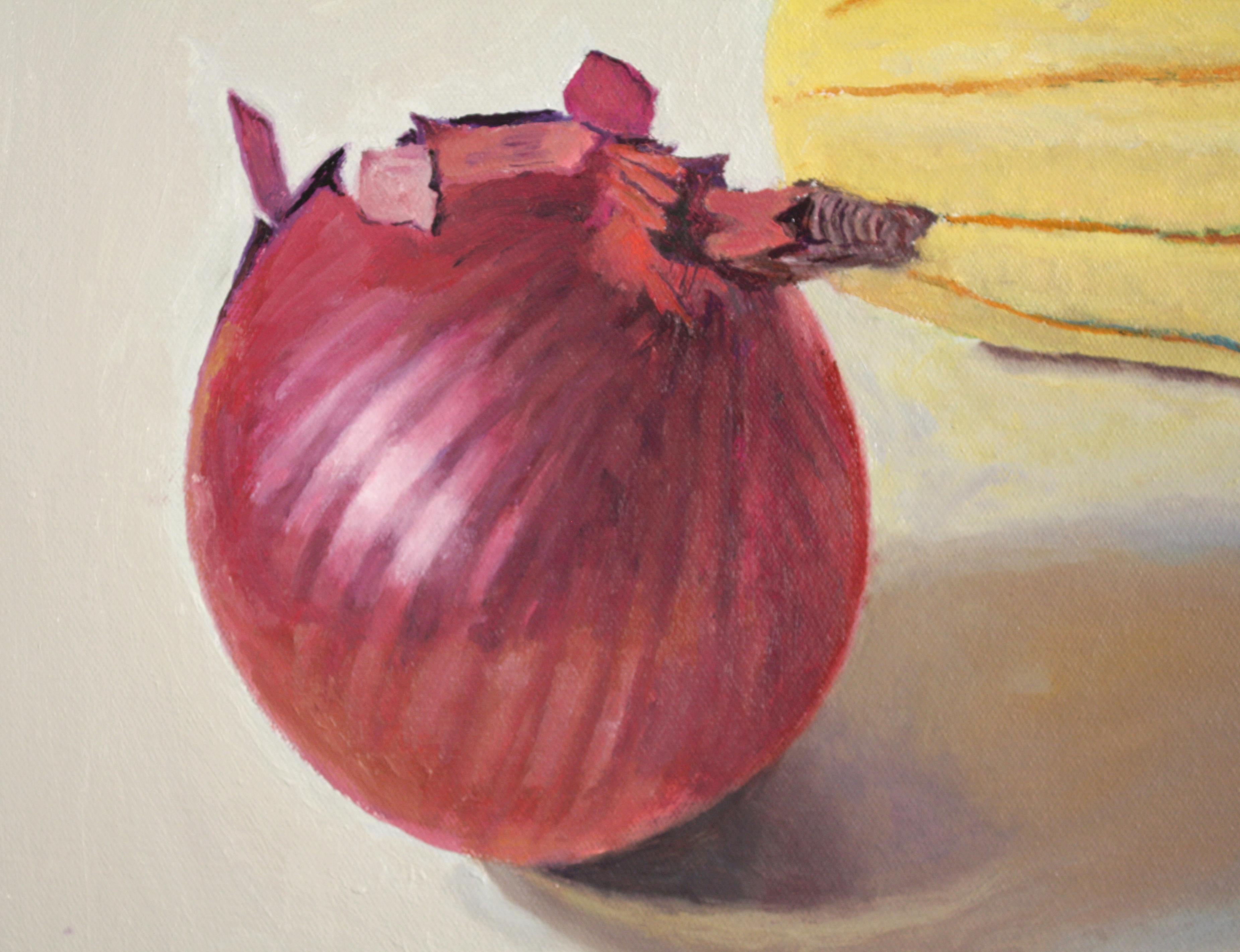 Red Onion and Squash, realistic still life, oil on canvas - Painting by Douglas Newton