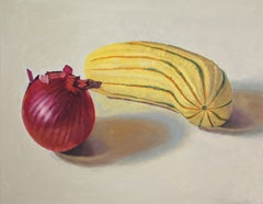 Rote Zwiebel und Kürbis, realistisches Stillleben, Öl auf Leinwand