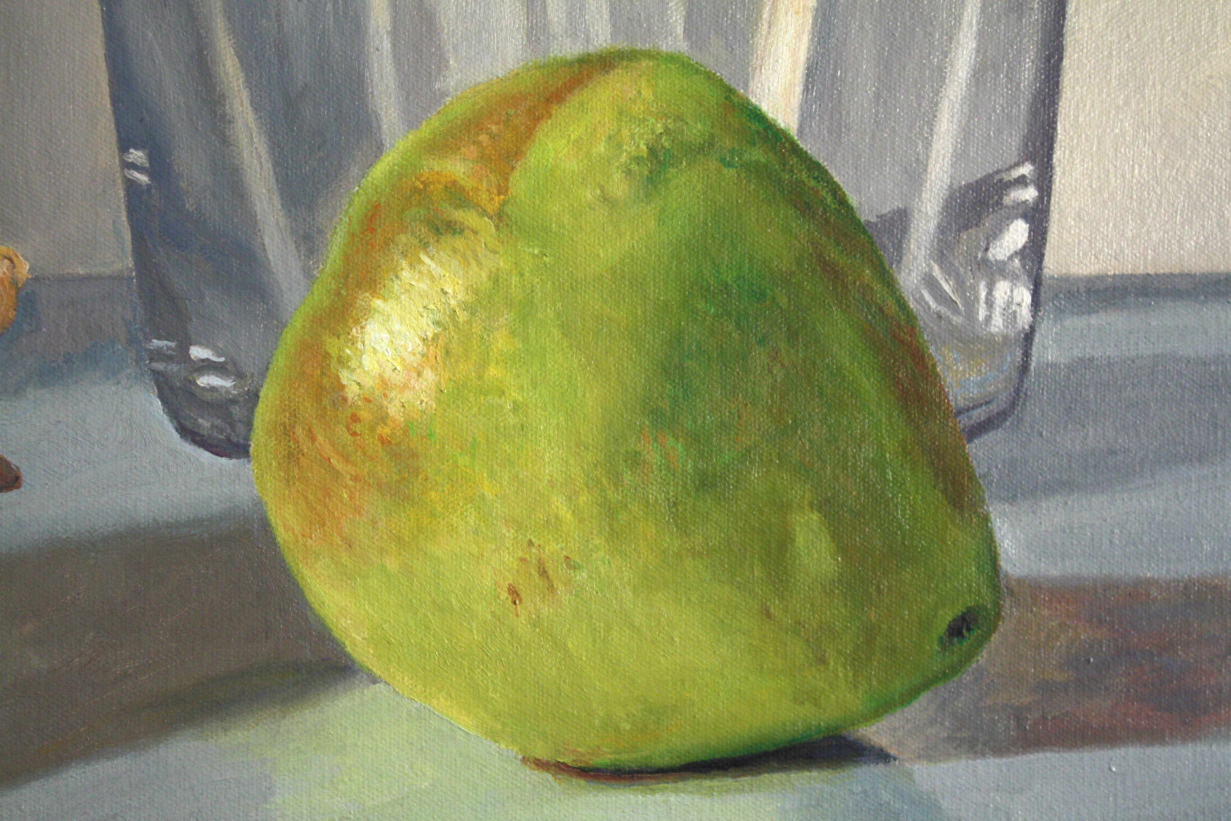 Shell and Pear, luminous realistic still life, food, grey tones - Painting by Douglas Newton