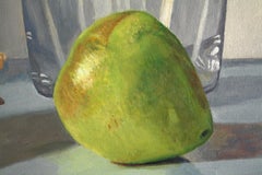 Shell and Pear, luminous realistic still life, food, grey tones