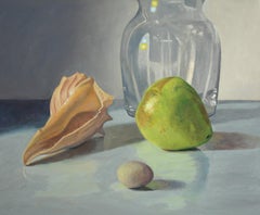 Shell and Pear, luminous realistic still life, food, grey tones