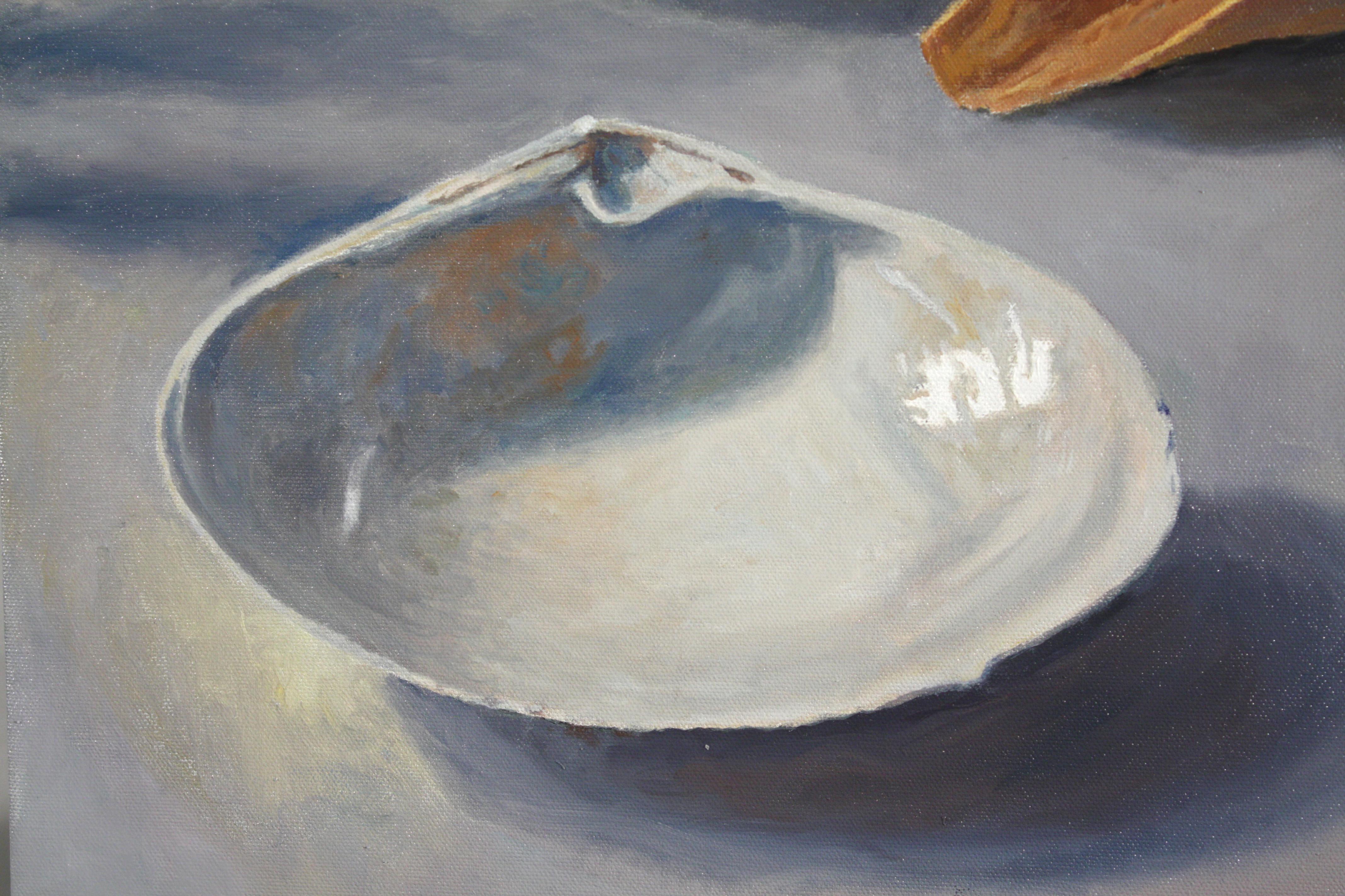 Shells, realistic image cool subtle blues and earth tones  - Painting by Douglas Newton