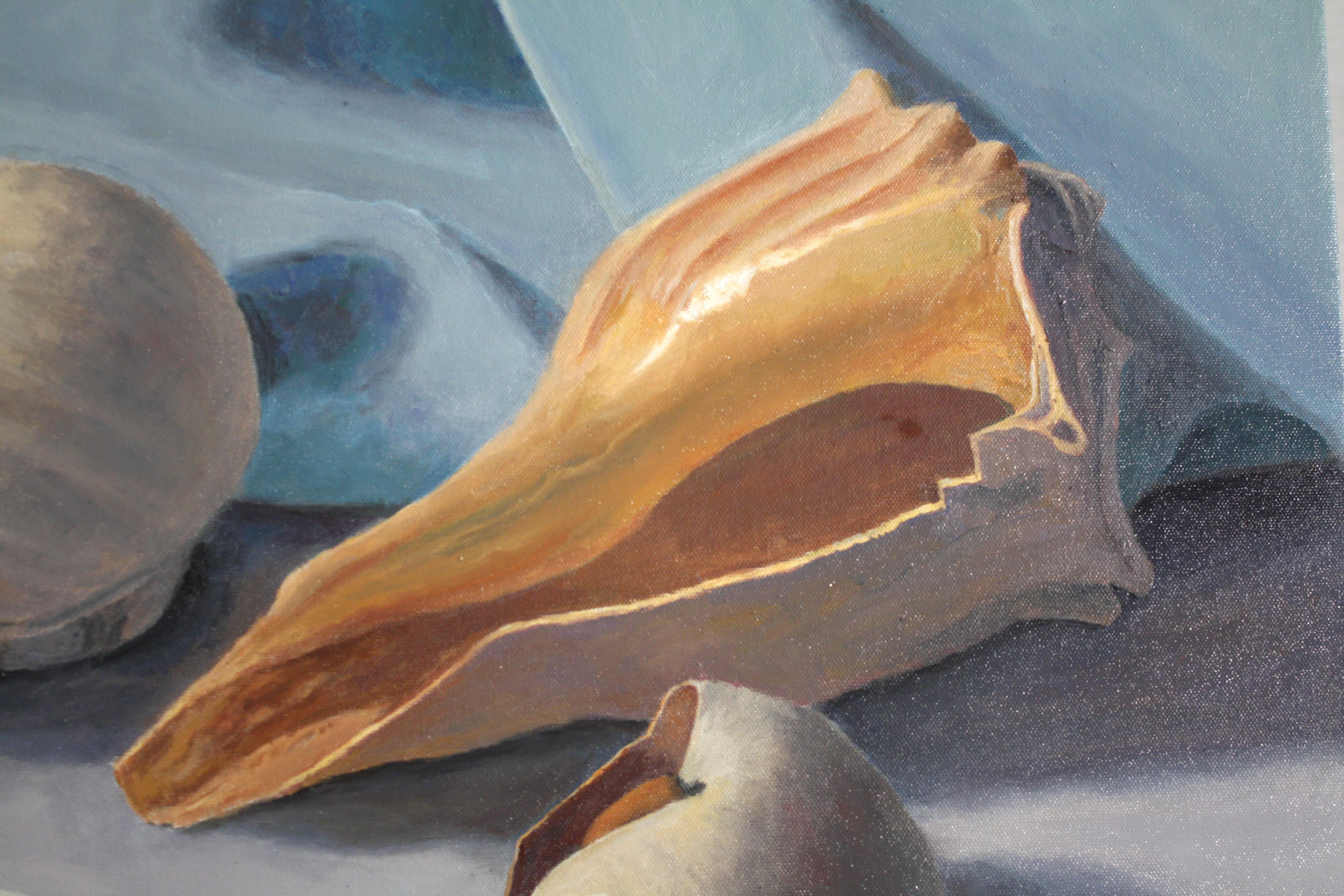 Shells, realistic image cool subtle blues and earth tones  - Realist Painting by Douglas Newton