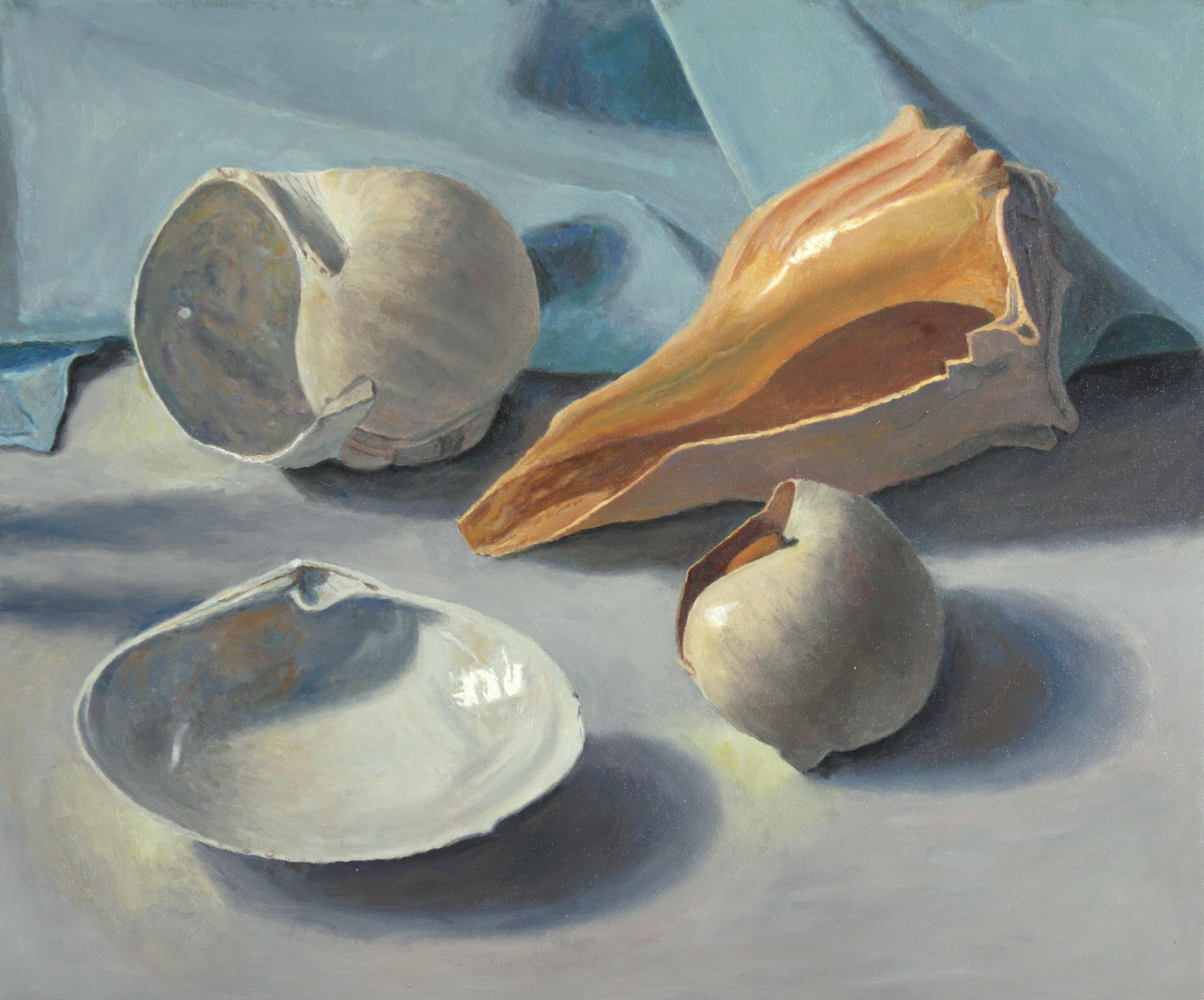 Douglas Newton Still-Life Painting - Shells, realistic image cool subtle blues and earth tones 