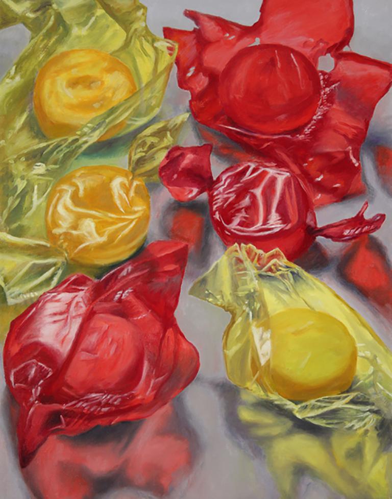 Douglas Newton Still-Life Painting - Six Hard Candies, happy bright colors, red, yellow, candy 