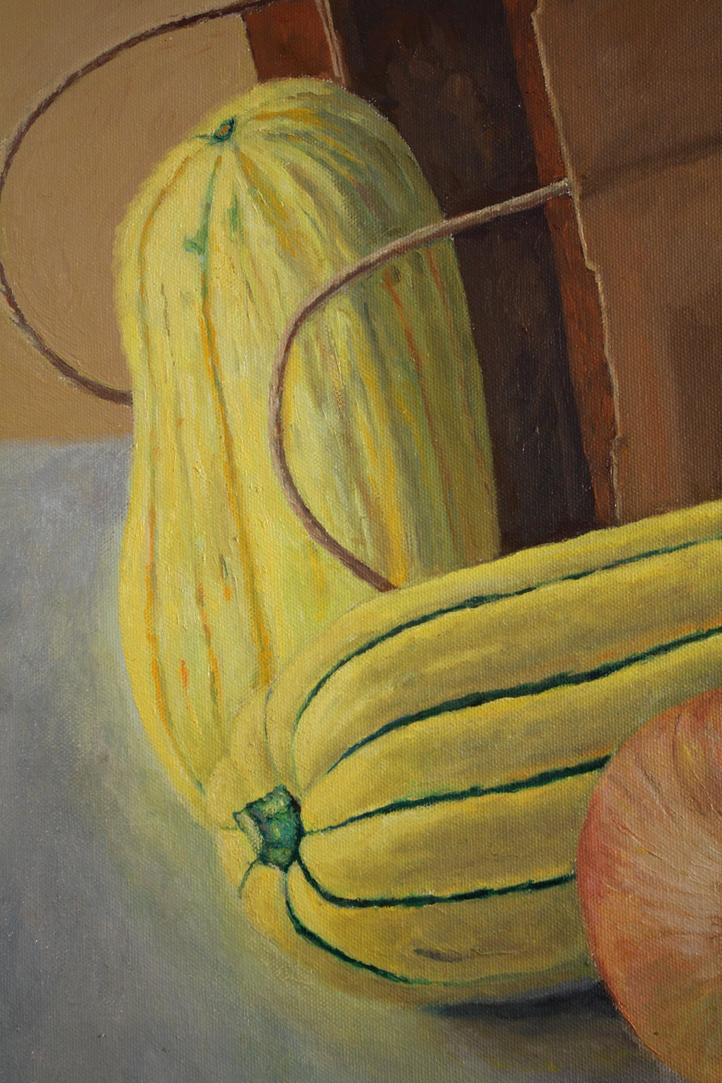 Calabazas y cebollas, bodegón realista de alimentos en tonos cálidos de la tierra - Painting de Douglas Newton