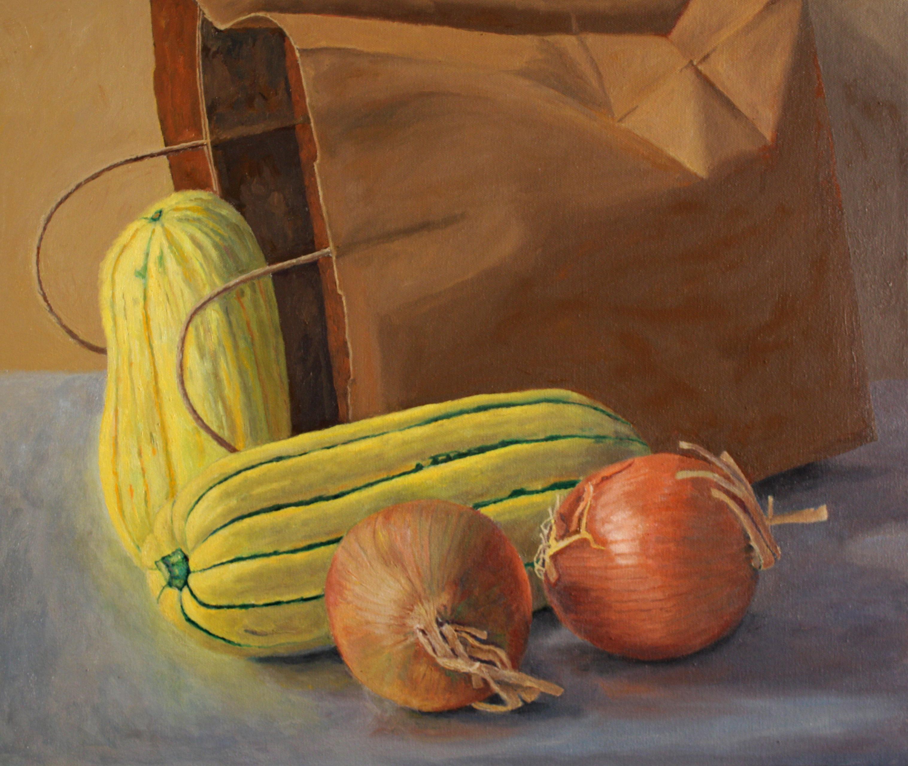 Squash and Onions, warm earth tones food realistic still life