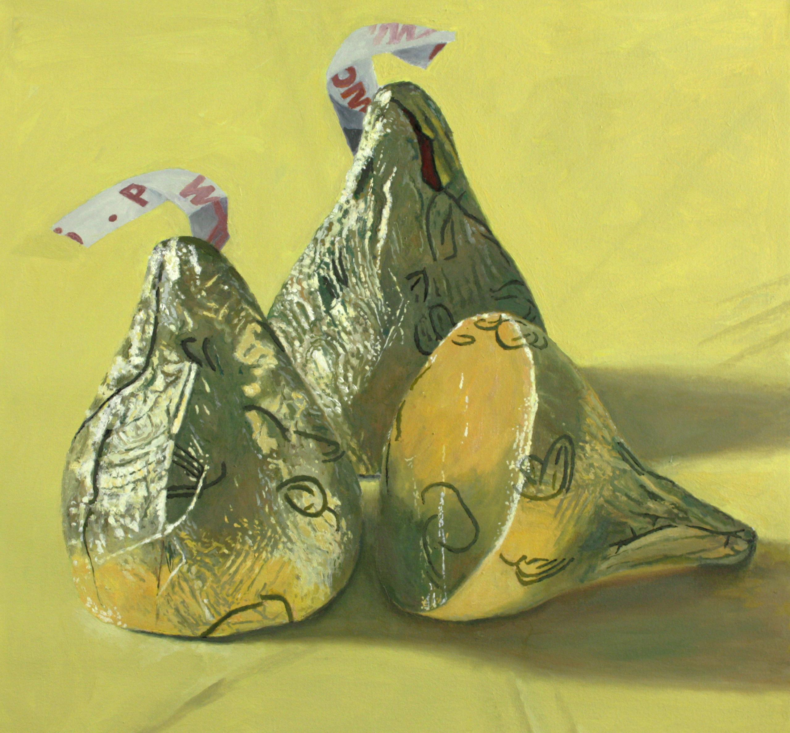 Still-Life Painting de Douglas Newton - Tres besos más, pintura al óleo caramelo brillante amarillo 3D como foto realista