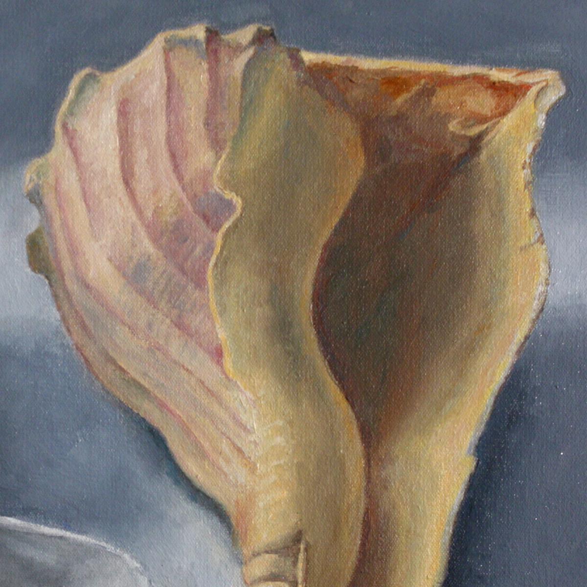 Three Shells, realistic still life sea shell subtle grey, tan composition - Painting by Douglas Newton